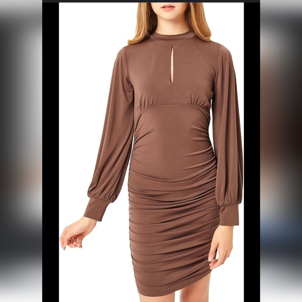 Love Tree Women's Ruched Long Sleeve Keyhole Mini Dress